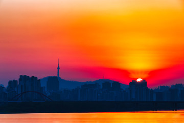 Silhouettec sunsise in Seoul during spring time