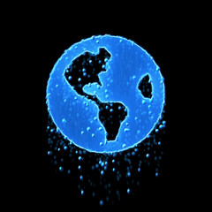 Wet symbol globe americas is blue. Water dripping