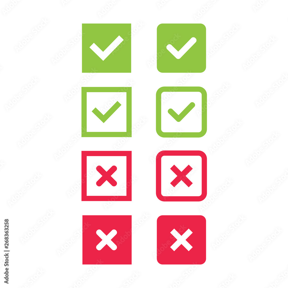 Aufkleber large set of flat buttons: green check marks and red crosses. square, hard and rounded corners. - ve