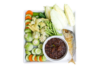 Thai food chilli paste or chilli dip with various vegetable and mackerel