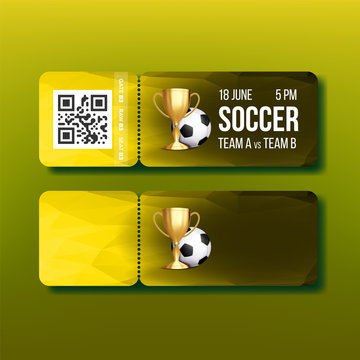 Ticket With Tear-off Coupon On Soccer Match Vector. Football Playing Ball, Qr Code And Information Of Gate, Raw And Seat On Stadium Depicted On Stylish Ticket. Realistic 3d Illustration