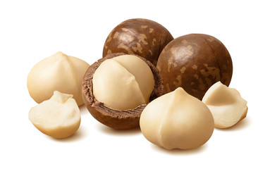 Group of macadamia nuts isolated on white background. Package design element with clipping path - obrazy, fototapety, plakaty