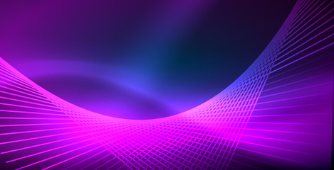 Neon glowing techno lines, blue hi-tech futuristic abstract background template with lights