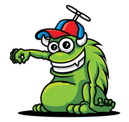 Cartoon cute green monster with horn wearing a cap. Monster hand holding pose. Vector illustration. Toy for kids