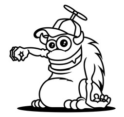 Monster Colouring picture. Cartoon cute green monster with horn wearing a cap. Monster hand holding pose. Outline Vector illustration.
