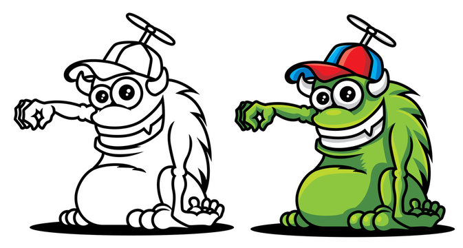 Monster Colouring picture reference set. Cartoon cute green monster with horn wearing a cap. Monster hand holding pose. Outline Vector illustration.