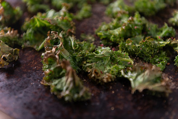 Organic Kale Being Baked on Stainless Steel Cookie Sheet