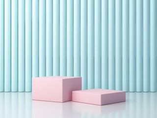 Fototapeta na wymiar 3d render. Pastel colors shapes on a blue abstract background. Minimal boxes and geometric podium. Scene with geometrical forms. Empty showcase for cosmetic product presentation. Fashion magazine. 