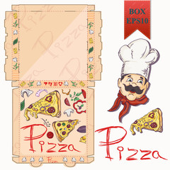 ready made layout of the packaging box for pizza food design in the style of color contour drawing depicting the products used for cooking