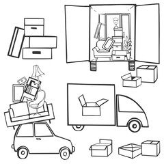 Moving truck and cardboard boxes. Relocation. Vector illustration.