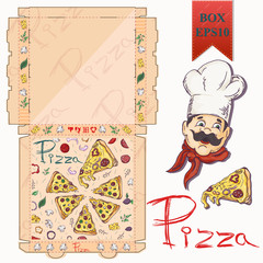 ready made layout of_22_the packaging box for pizza food design in the style of color contour drawing depicting the products used for cooking
