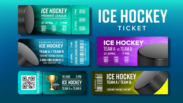 Stylish Design Ice Hockey Game Tickets Set Vector. Collection Of Tickets Invitation For Watching Premier League Match Decorated Playing Ball And Venue Details. Realistic 3d Illustration