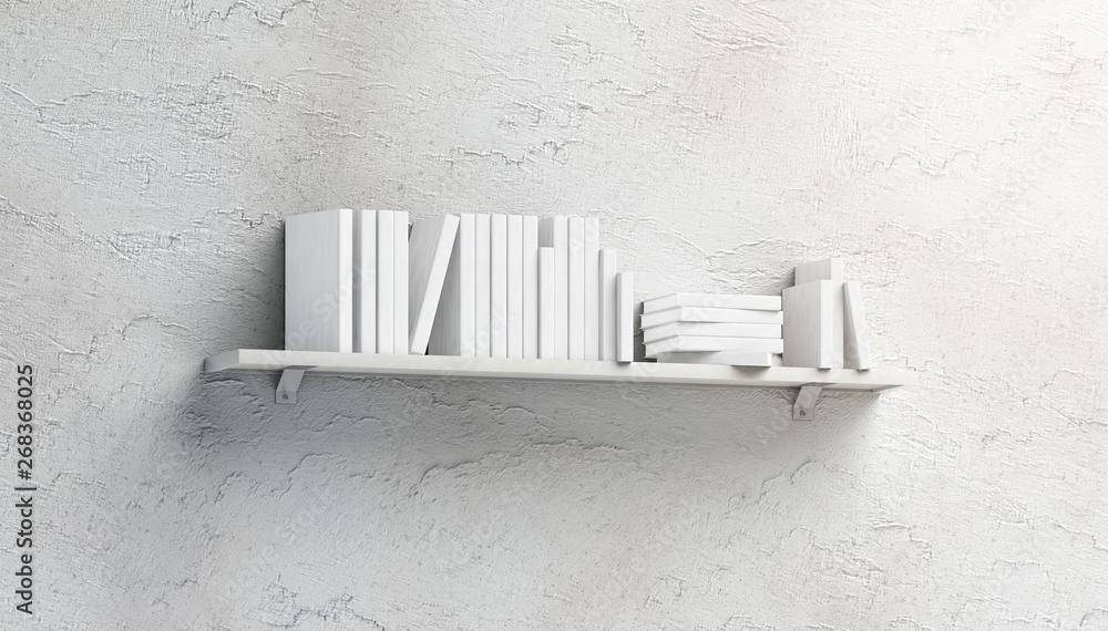 Poster blank white stack of books mockups on shelf mounted to the wall, side view, isolated, 3d rendering. 