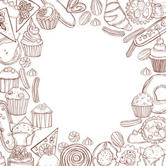 Bakery products background. Cookies, cakes, muffins. Vector sketch  illustration.