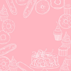 Bakery products background. Cookies, cakes, donuts. Vector sketch  illustration.