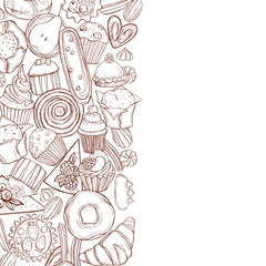 Bakery products background. Cookies, cakes, muffins. Vector sketch  illustration.