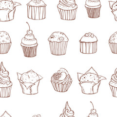 Hand drawn muffins and cupcakes. Vector  seamless pattern