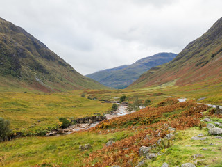 Fototapeta na wymiar Wide view into Glen Etive and the River Etive in the Highlands of Scotland