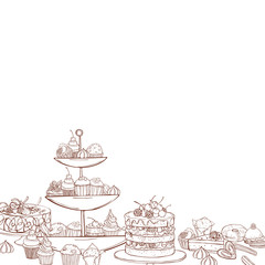 Bakery products background. Cookies, cakes, muffins. Vector sketch  illustration.