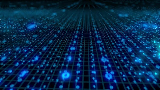A huge array of data in digital binary code. Flying in digital space between code cells. Full CG.