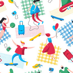 Summer vacation vector seamless pattern with people