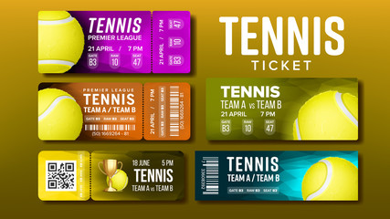 Stylish Design Tickets For Visit Tennis Set Vector. Collection Of Bright Tickets Flyers For Watching Court Game Decorated Playing Equipment And Information Of Place. Realistic 3d Illustration