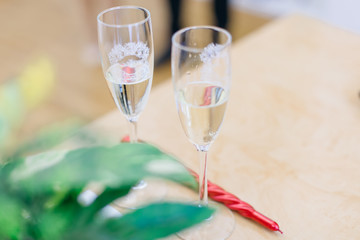 Engagement concept. two wineglasses of champagne.
