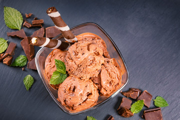 Scoops chocolate ice cream in glass bowl