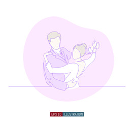 Continuous line drawing of bride and groom dancing at wedding ceremony. Template for your design works. Vector illustration.