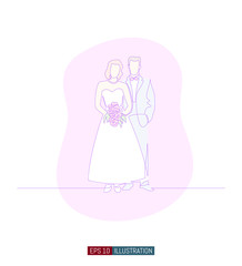 Continuous line drawing of bride and groom with bridal bouquet at wedding ceremony. Template for your design works. Vector illustration.