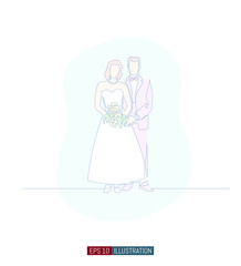 Continuous line drawing of bride and groom with bridal bouquet at wedding ceremony. Template for your design works. Vector illustration.