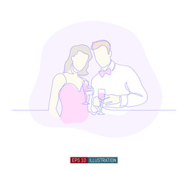Continuous line drawing of man and woman with glasses of wine. Template for your design works. Vector illustration.
