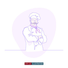 Continuous line drawing of hand drawn chef. Smiling male character. Template for your design. Vector illustration.