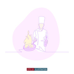 Continuous line drawing of hand drawn chef preparing food. Scene in the kitchen Template for your design. Vector illustration.