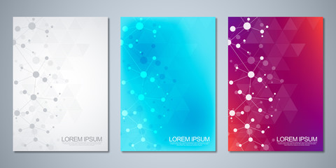 Vector templates for cover or brochure, with molecules background and neural network. Abstract geometric background of connected lines and dots. Science and technology concept.