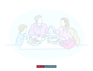 Continuous line drawing of family breakfast. Template for your design works. Vector illustration.