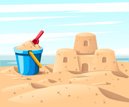 Simple Sand Castle With Blue Bucket And Red Shovel. Cartoon Design. Flat Vector Illustration On Beach Background. Blue Sky With Clouds, Sea Or Ocean On Background