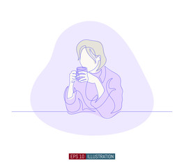 Continuous line drawing of girl with cup of coffee. Template for your design works. Vector illustration.