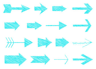 Turquoise vector hand-painted brush stroke arrows collection on black background