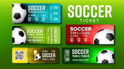 Stylish Tickets For Visit Soccer Match Set Vector. Collection Of Tickets For Football Premier League On Stadium Decorate Playing Ball And Prize, Team Names And Venue Details. Realistic 3d Illustration © PikePicture