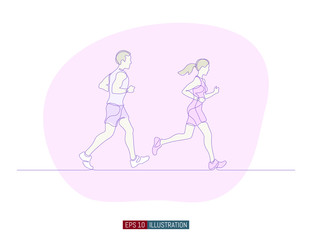 Continuous line drawing of running man and woman. Template for your design. Vector illustration.