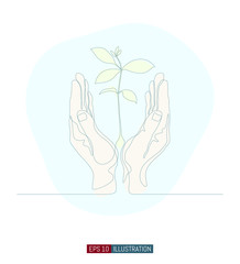 Continuous line drawing of Hand drawn hand gesture. Safe palms with sprout. Template for your design. Vector illustration.