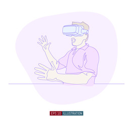 Continuous line drawing of man with glasses of virtual reality. Template for your design works. Vector illustration.