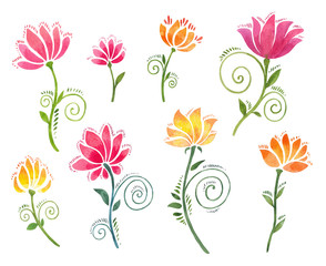Decorative watercolor flowers isolated. Set of floral elements suitable for stickers, colourful pictures for diary