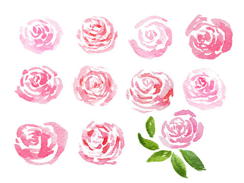 Red and pink roses with green leaves on white background, hand painted, with clipping path.