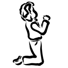 child praying to God is kneeling, black sketch