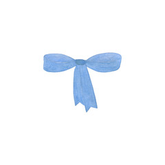 Watercolor hand drawn blue colored bow, isolated object on the white background, simple ornament for holiday design, vintage and romantic style