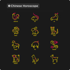 Chinese horoscope thin line icons set: rooster, ox, mouse, dragon, tiger, rabbit, pig, horse, dog, monkey, goat. Modern vector illustration for calendar.