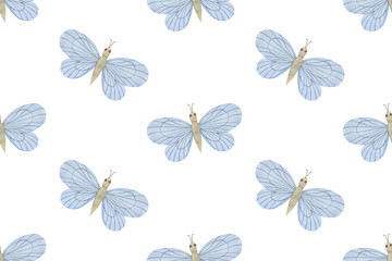 Hand drawn watercolor seamless pattern on the white background, light blue butterflies, ornament for textile, scrapbooking, wrapping paper, pattern for any occasion