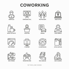 Coworking office thin line icons set: workplace, meeting room, conference hall, smart office, parking, reception, address, fast internet, 24 hour access, IT support, bike storage. Vector illustration.